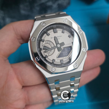 Casioak Mod Watch Polished Silver Case Metal Strap Black Time Mark Metallic Grey Dials 44mm