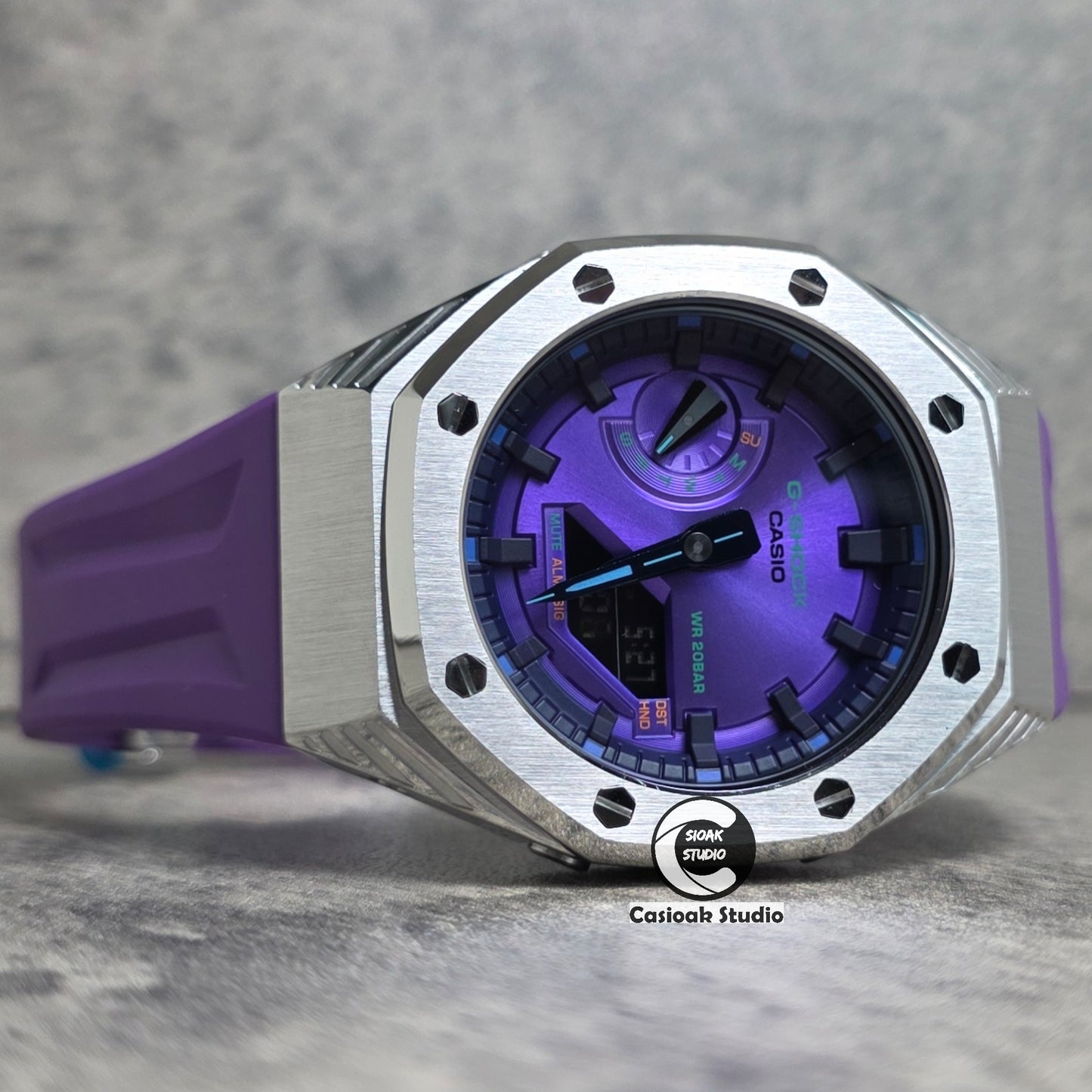 Casioak Mod Watch Black Panther Hb Silver Case Purple Strap Purple Black Time Mark Purple Dials 44mm