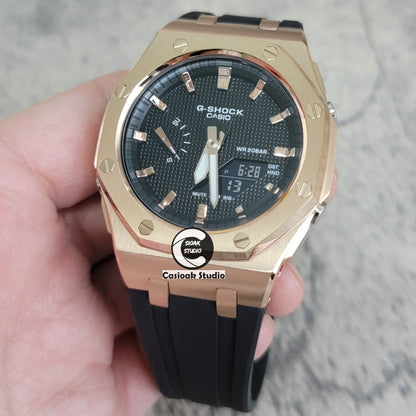 Casioak Mod Watch Offshore Superior Rosegold Case Black Rubber Strap Black Rosegold Time Mark Black Waffle Dial 44mm