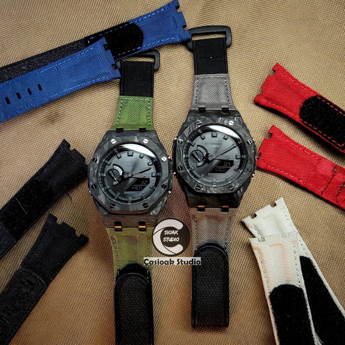 Casioak Mod Solar Watch Carbon Fiber Offshore Superior Black Case Green Nylon Canvas Strap Black Time Mark Black Dials 44mm