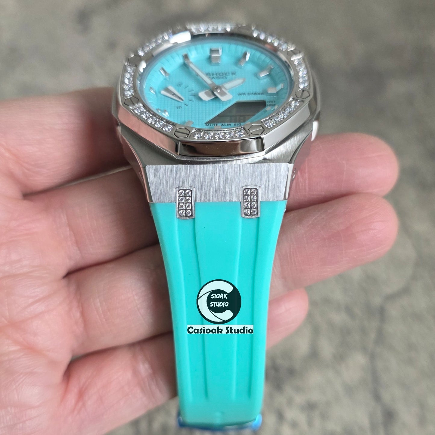 Casioak Mod Watch Diamond Silver Case Tiff Strap Tiff Silver Time Mark Tiff Blue Dials 42mm