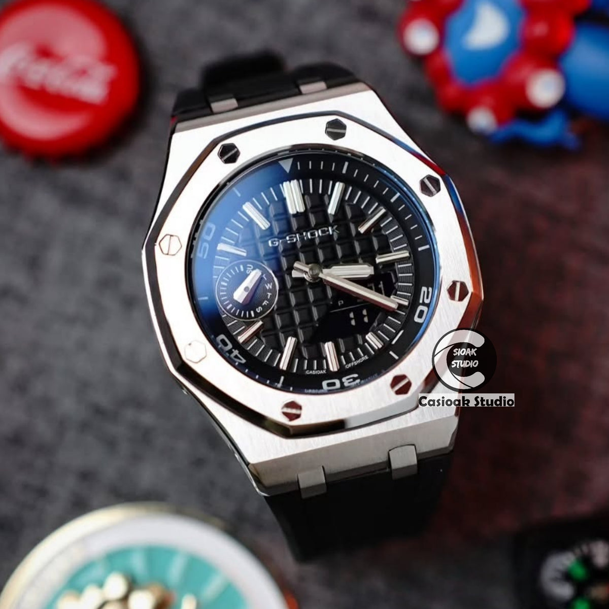 Casioak Mod Zegarek NOWY Offshore Superior Srebrna Koperta Czarny Gumowy Pasek Czarne Wskazówki Czasu Czarne Tarcze 44mm