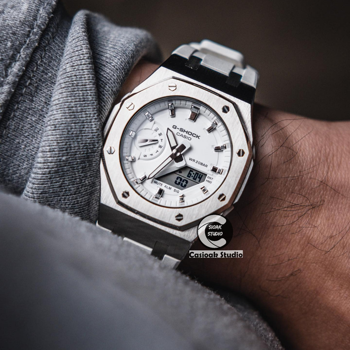 Casioak Mod Watch Silver Case White Rubber Strap White Silver Time Mark White Dials 42mm