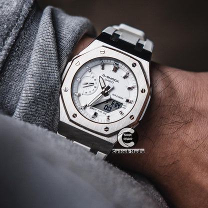 Casioak Mod Watch Silver Case White Rubber Strap White Silver Time Mark White Dials 42mm