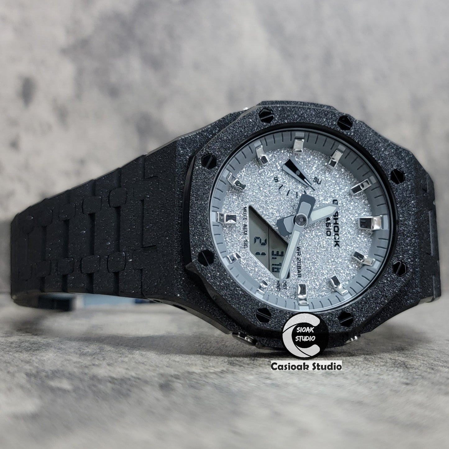 Casioak Mod Watch Frosted Black Case Metal Strap Gray Silver Time Mark Starry Silver Dial 44mm