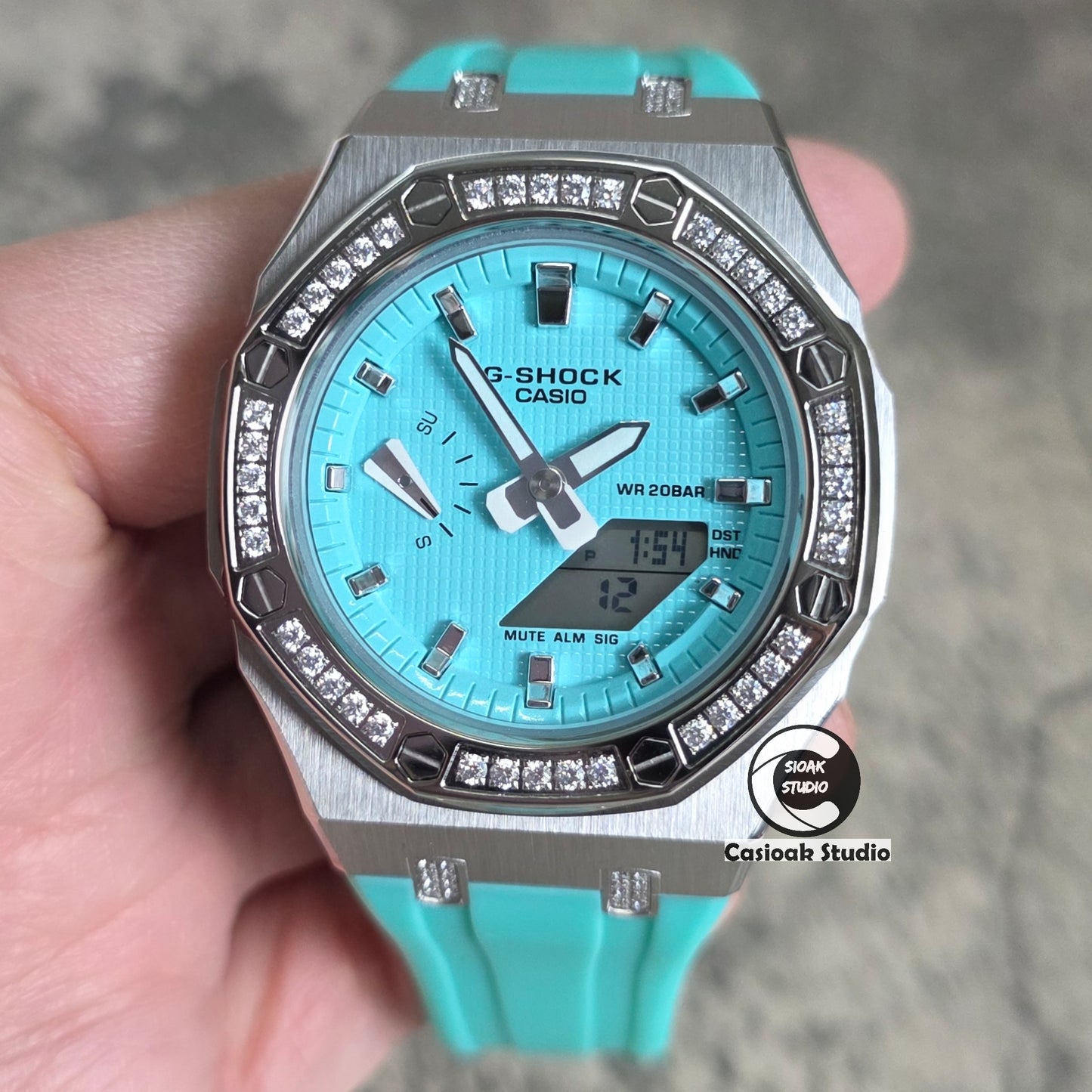 Casioak Mod Watch Diamond Silver Case Tiff Strap Tiff Silver Time Mark Tiff Blue Dials 42mm