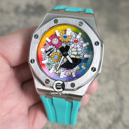 Casioak Mod Watch Offshore Superior Silver Case Tiff Rubber Strap Rainbow White Time Mark  Takashi Murakami Flower Dials 44mm