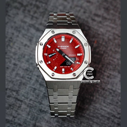 Casioak Mod Watch Silver Case Metal Strap Red Silver Black Time Mark Red Dials Blue Dials 44mm