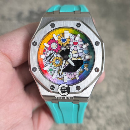 Casioak Mod Watch Offshore Superior Silver Case Tiff Rubber Strap Rainbow White Time Mark  Takashi Murakami Flower Dials 44mm