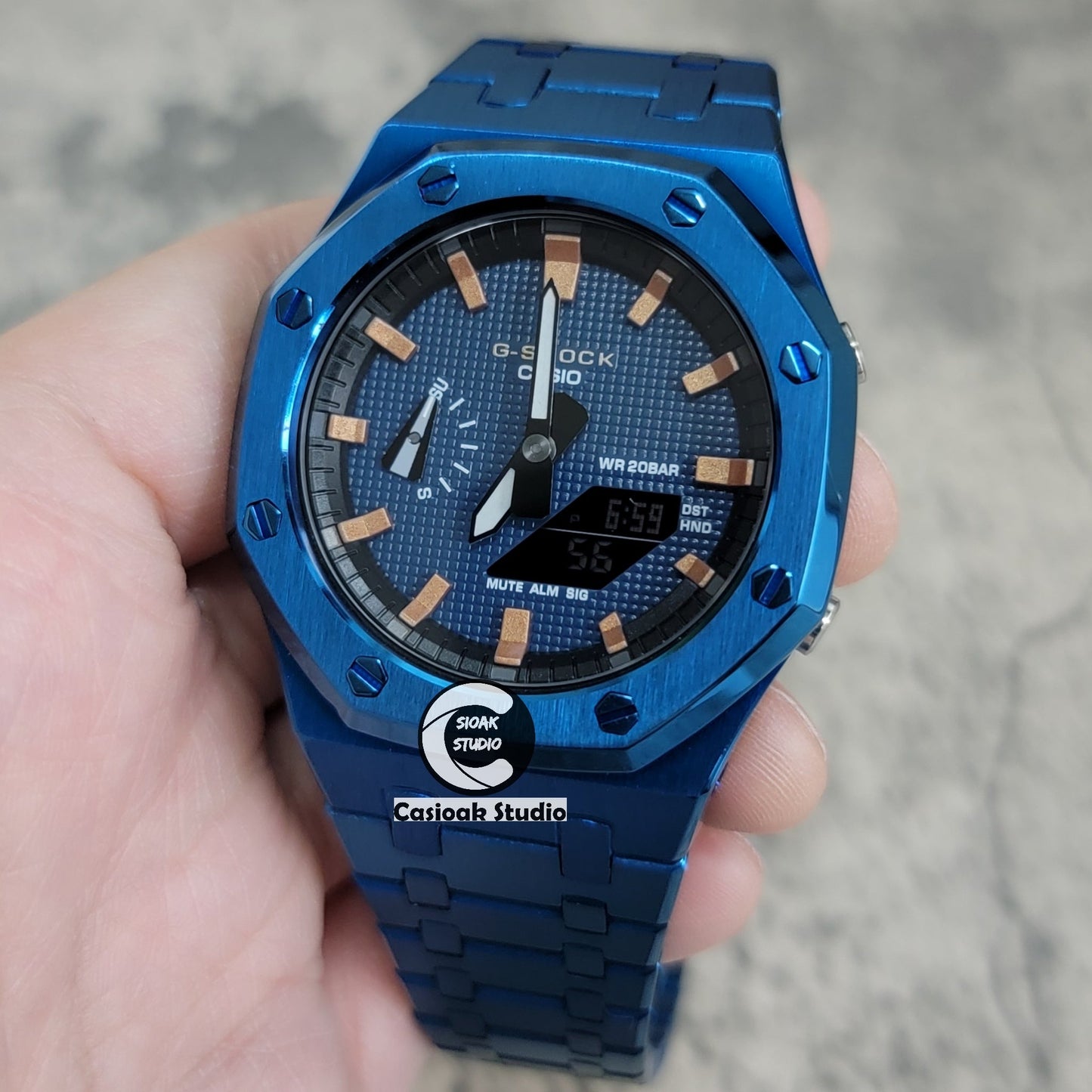 Casioak Mod Watch Blue Case Metal Strap Black Rosegold Time Mark Blue Waffle Dial 44mm