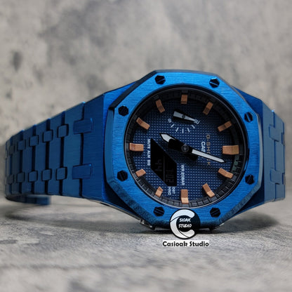 Casioak Mod Watch Blue Case Metal Strap Black Rosegold Time Mark Blue Waffle Dial 44mm