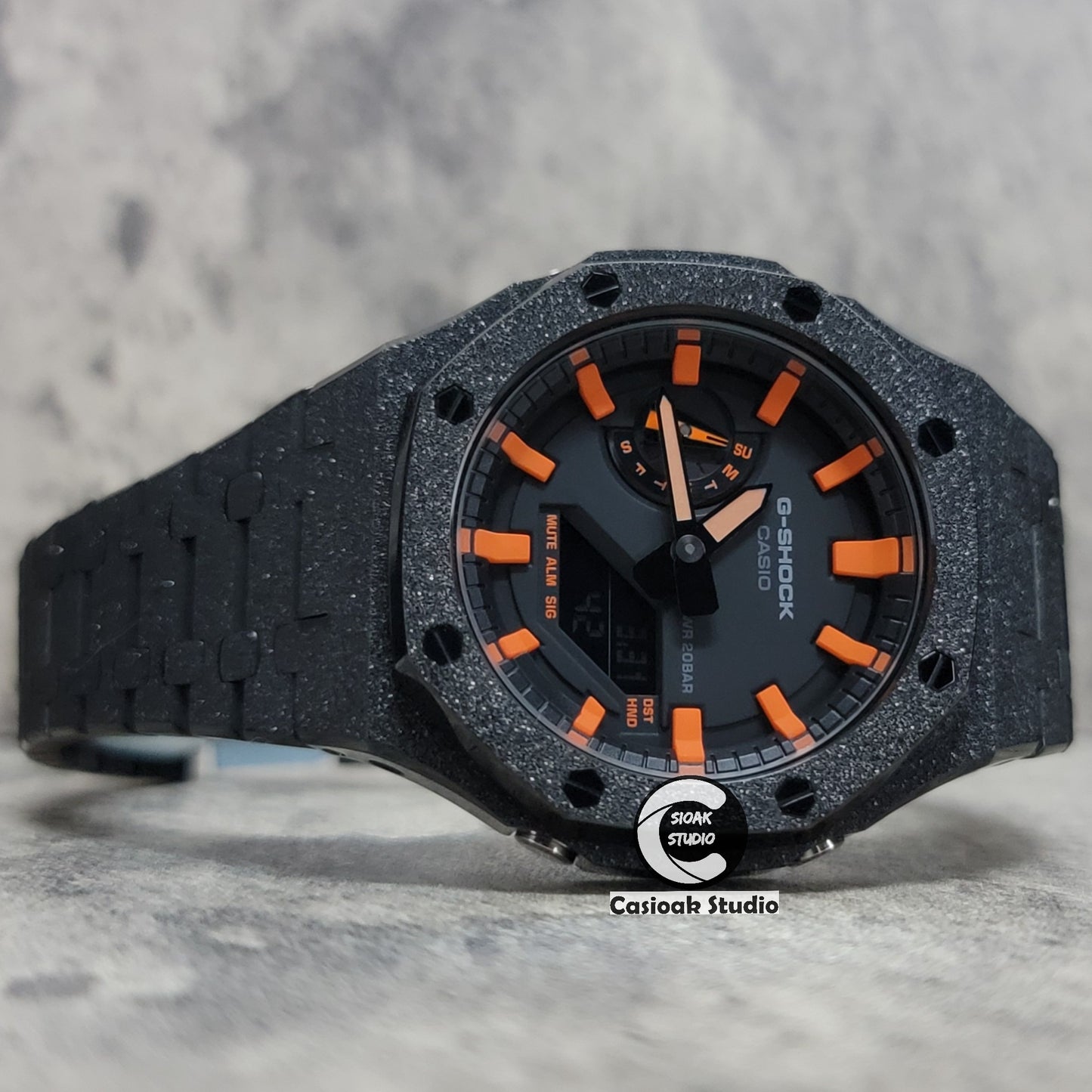 Casioak Mod Watch Frosted Black Case Metal Strap Black Orange Time Mark Black Dial 44mm