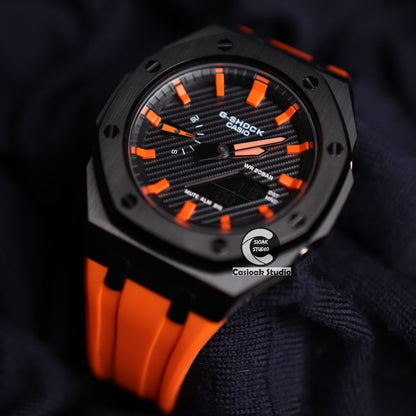 Casioak Mod Watch Standard Black Case Orange Rubber Strap Black Orange Time Mark Black Carbon Dials 44mm