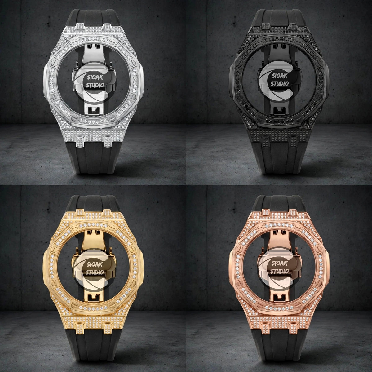 Orologio Casioak Mod con cassa argentata stile diamante, cinturino tiff, indici argento stile diamante e quadrante stile diamante, 44 mm