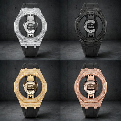 Orologio Casioak Mod con cassa argentata stile diamante, cinturino tiff, indici argento stile diamante e quadrante stile diamante, 44 mm