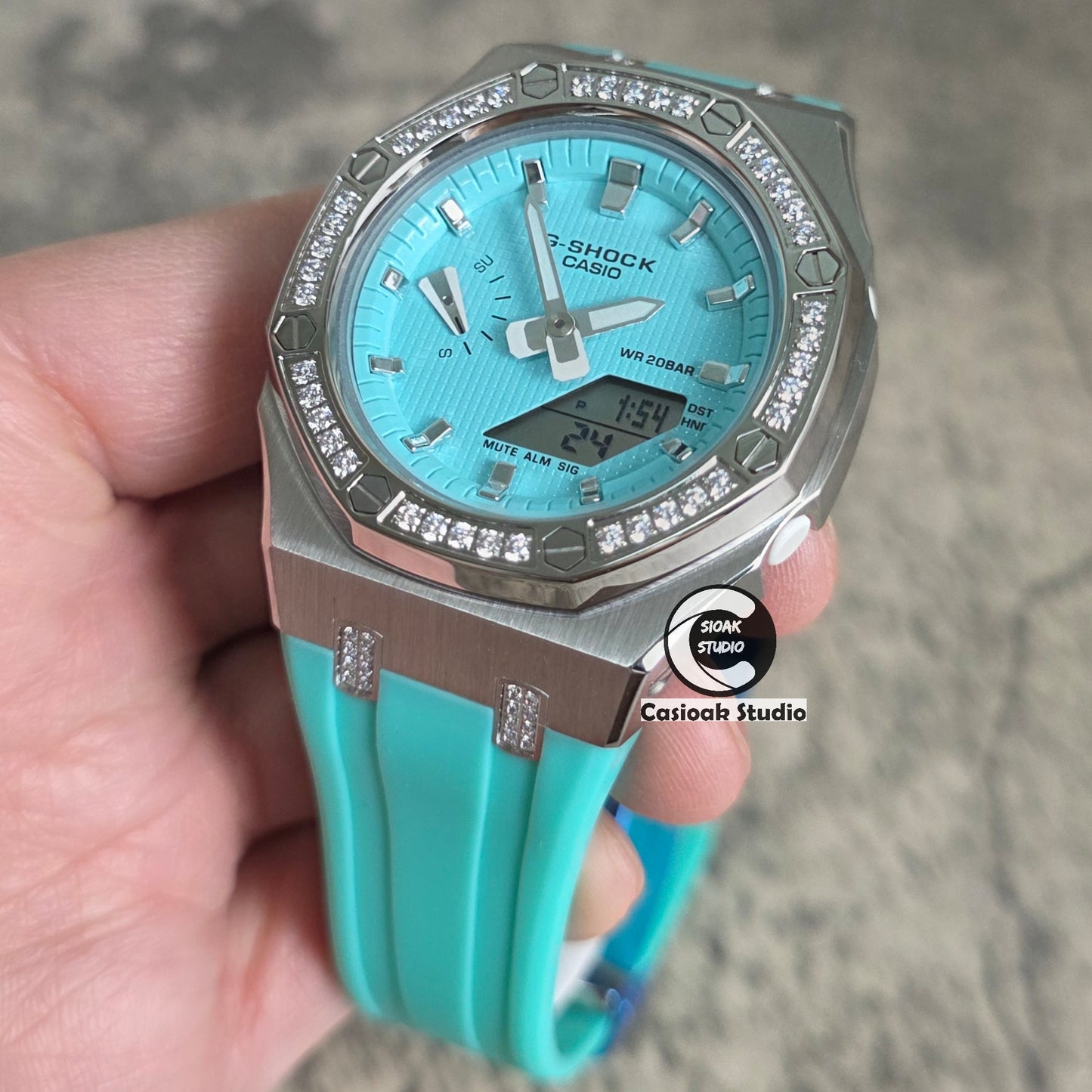 Casioak Mod Watch Diamond Silver Case Tiff Strap Tiff Silver Time Mark Tiff Blue Dials 42mm