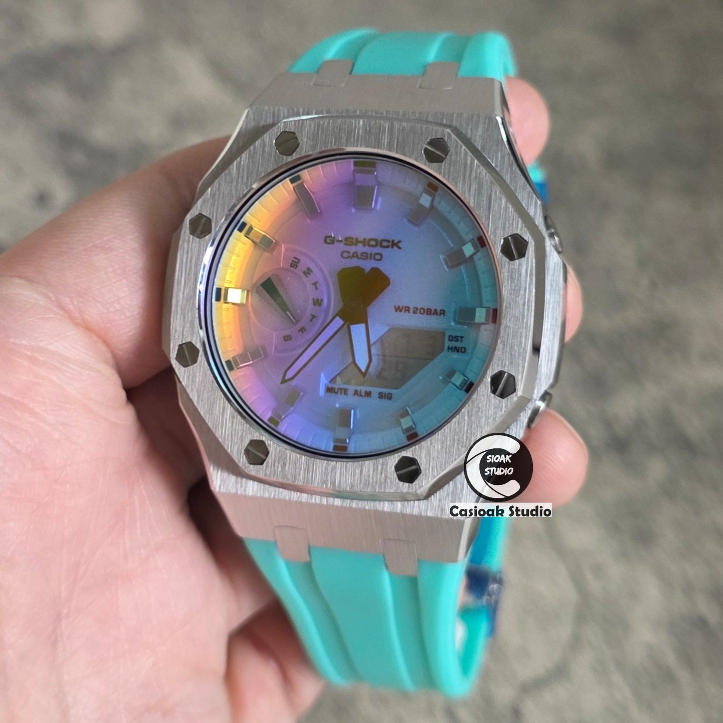 Casioak Mod Watch Silver Case Tiff Rubber Strap 44mm Ga2100 Full-Surface Gradated Crystal