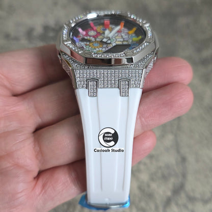 Casioak Mod Watch Diamond Silver Case White Strap Black Rainbow Time Mark Takashi Murakami Dials 44mm