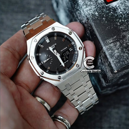 Casioak Mod Watch Silver Case Metal Strap Black Silver Time Mark Black Waffle Dials 44mm
