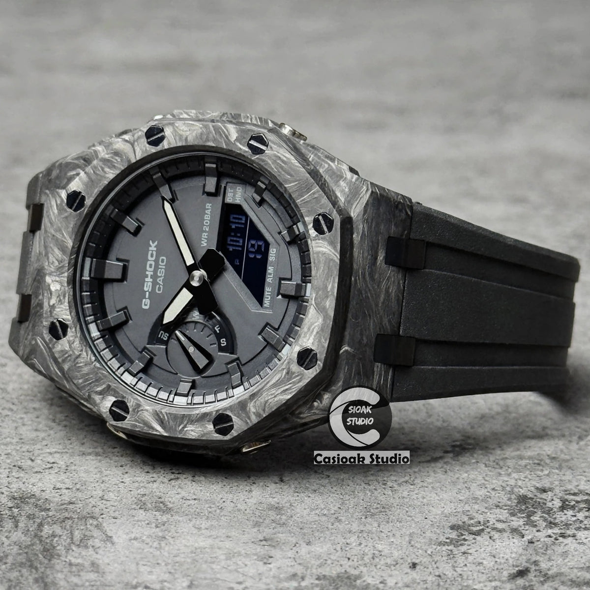 Montre mod Casioak en fibre de carbone, boîtier noir Offshore Superior, bracelet noir, index noirs, cadrans noirs, 44mm