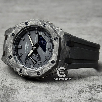 Montre mod Casioak en fibre de carbone, boîtier noir Offshore Superior, bracelet noir, index noirs, cadrans noirs, 44mm