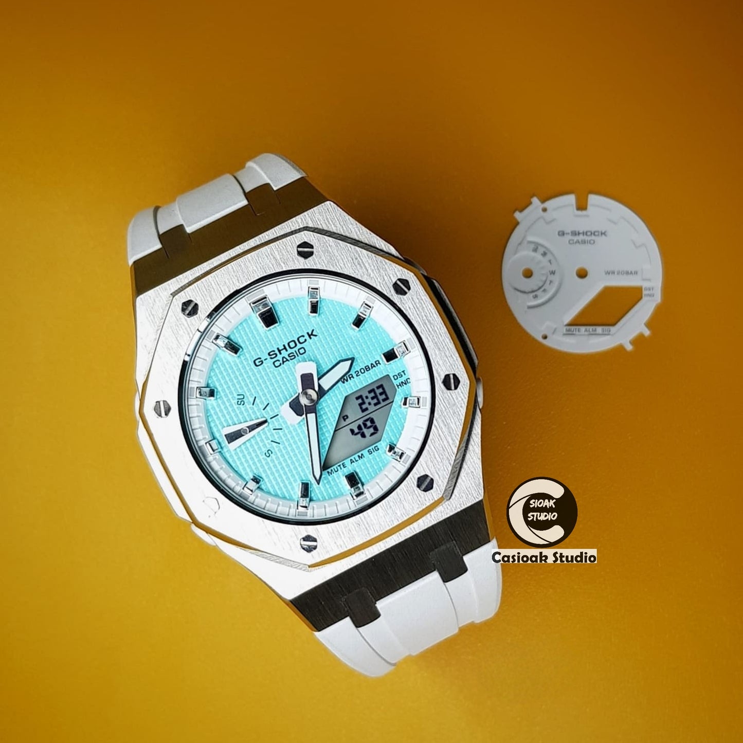 Casioak Mod Watch Silver Case White Rubber Strap White Silver Time Mark Tiff Blue Dials 42mm