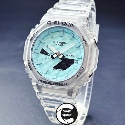 Casioak Mod Watch Transparent Plastic Case White Strap Tiff Time Mark Tiff Dials 44mm White