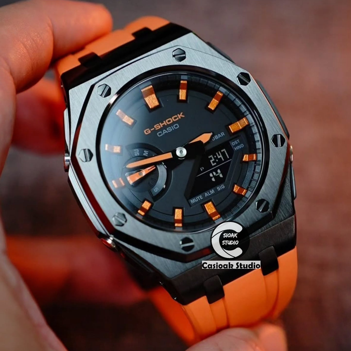 Casioak Mod Watch Offshore Superior Black Case Orange Rubber Rubber Strap Orange Black Time Mark Black Dials 44mm