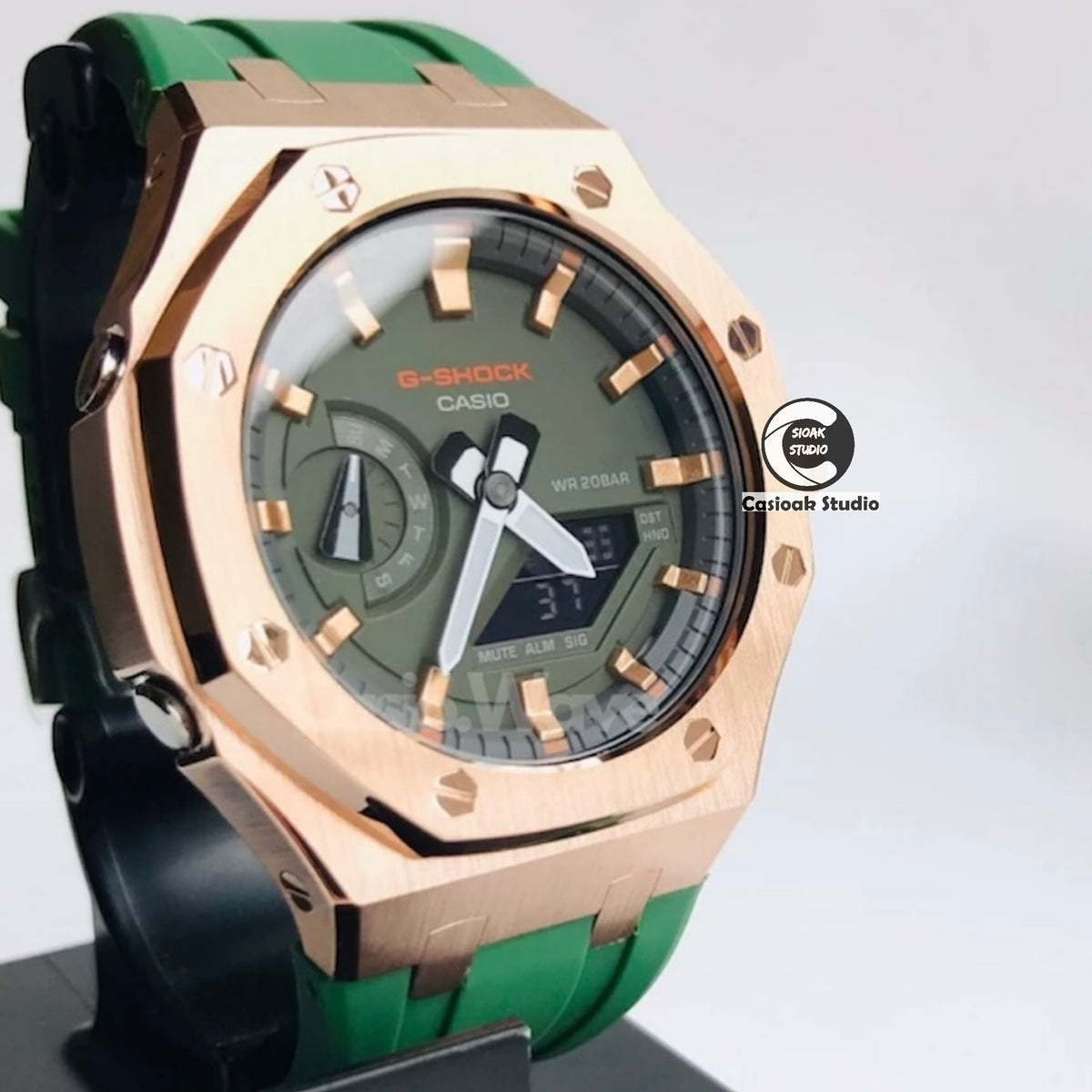 Casioak Mod Watch Black Case Green Rubber Strap Black Rosegold Time Mark Olive Dials 44mm