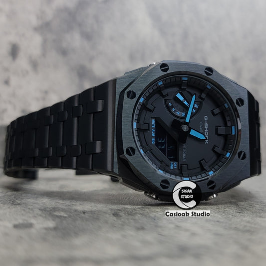 Casioak Mod Watch Offshore Superior Black Case Metal Strap Black Time Mark Black Dial 44mm