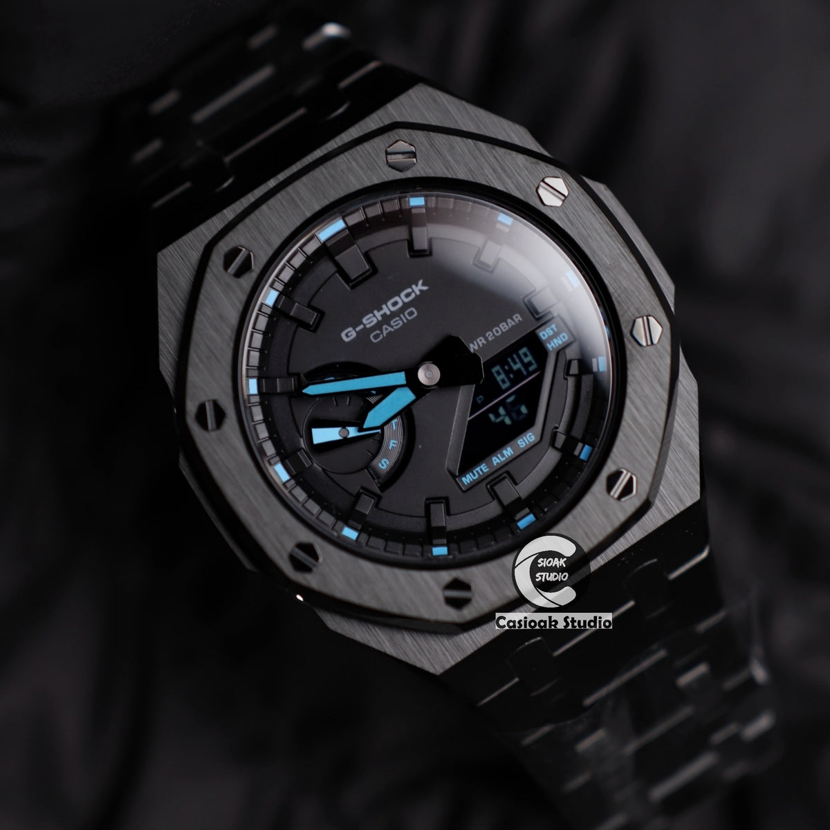 Casioak Mod Watch Black Case Metal Strap Black Time Mark Black Dials Blue 44mm