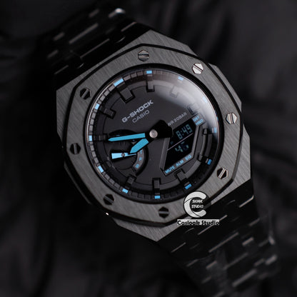 Casioak Mod Watch Black Case Metal Strap Black Time Mark Black Dials Blue 44mm