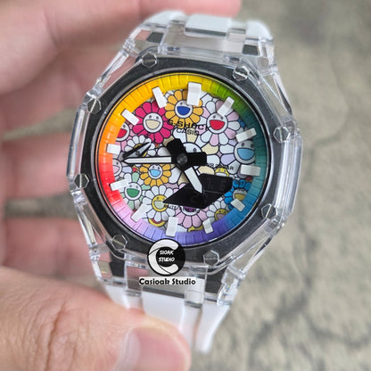 Casioak Mod Watch Transparent Case Strap Rainbow White Time Mark Takashi Murakami Dials 44mm