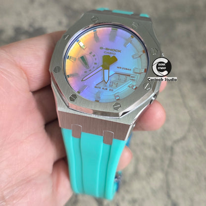 Casioak Mod Watch Silver Case Tiff Rubber Strap 44mm Ga2100 Full-Surface Gradated Crystal