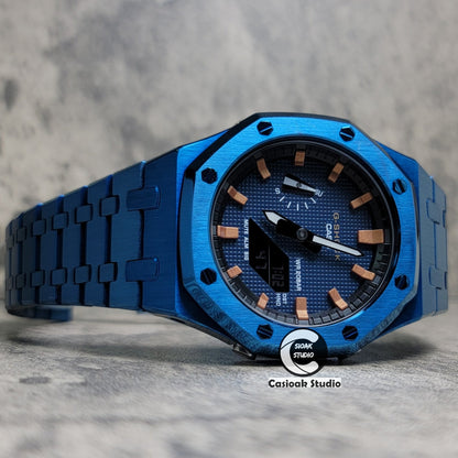 Casioak Mod Watch Blue Case Metal Strap Black Rosegold Time Mark Blue Waffle Dial 44mm