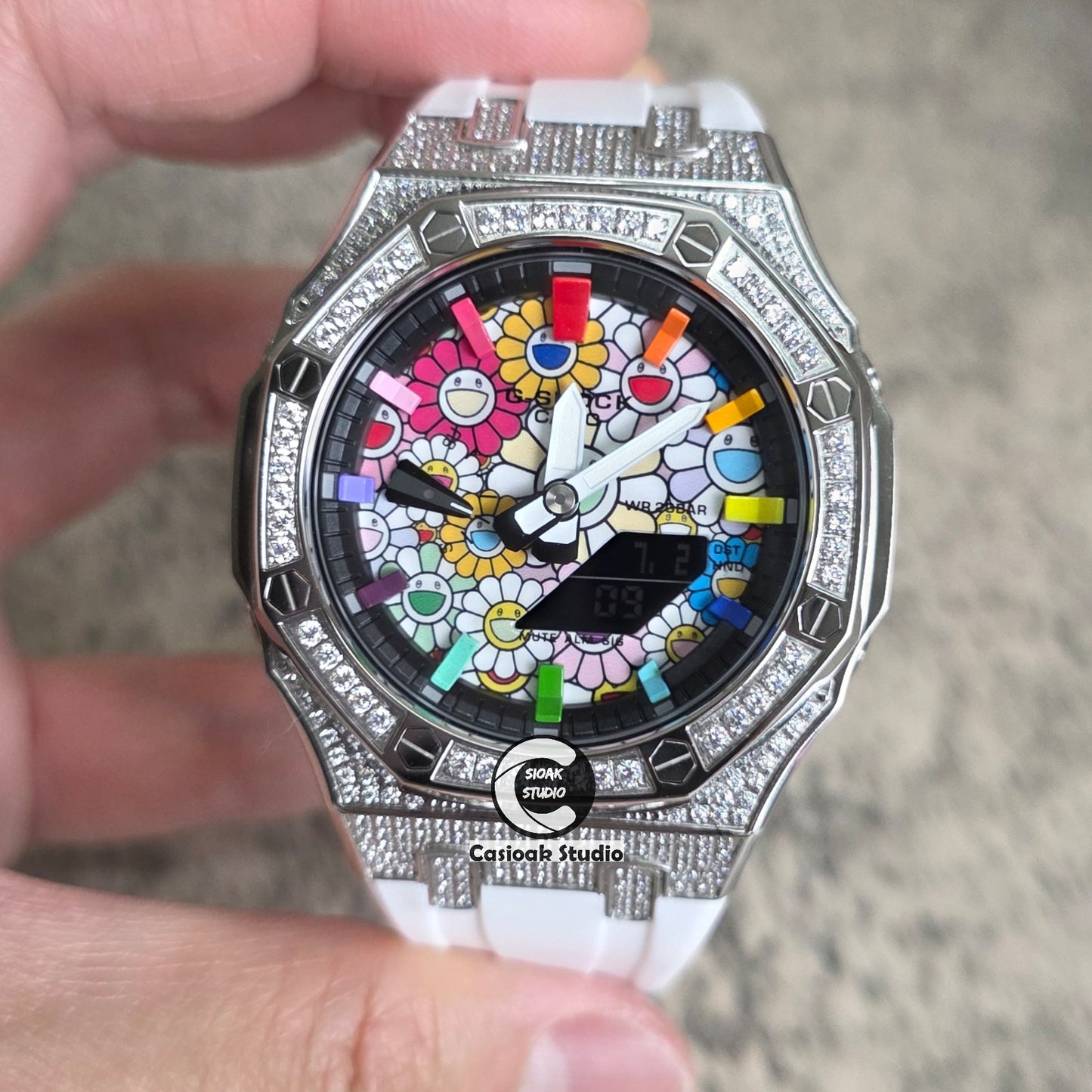 Casioak Mod Watch Diamond Silver Case White Strap Black Rainbow Time Mark Takashi Murakami Dials 44mm