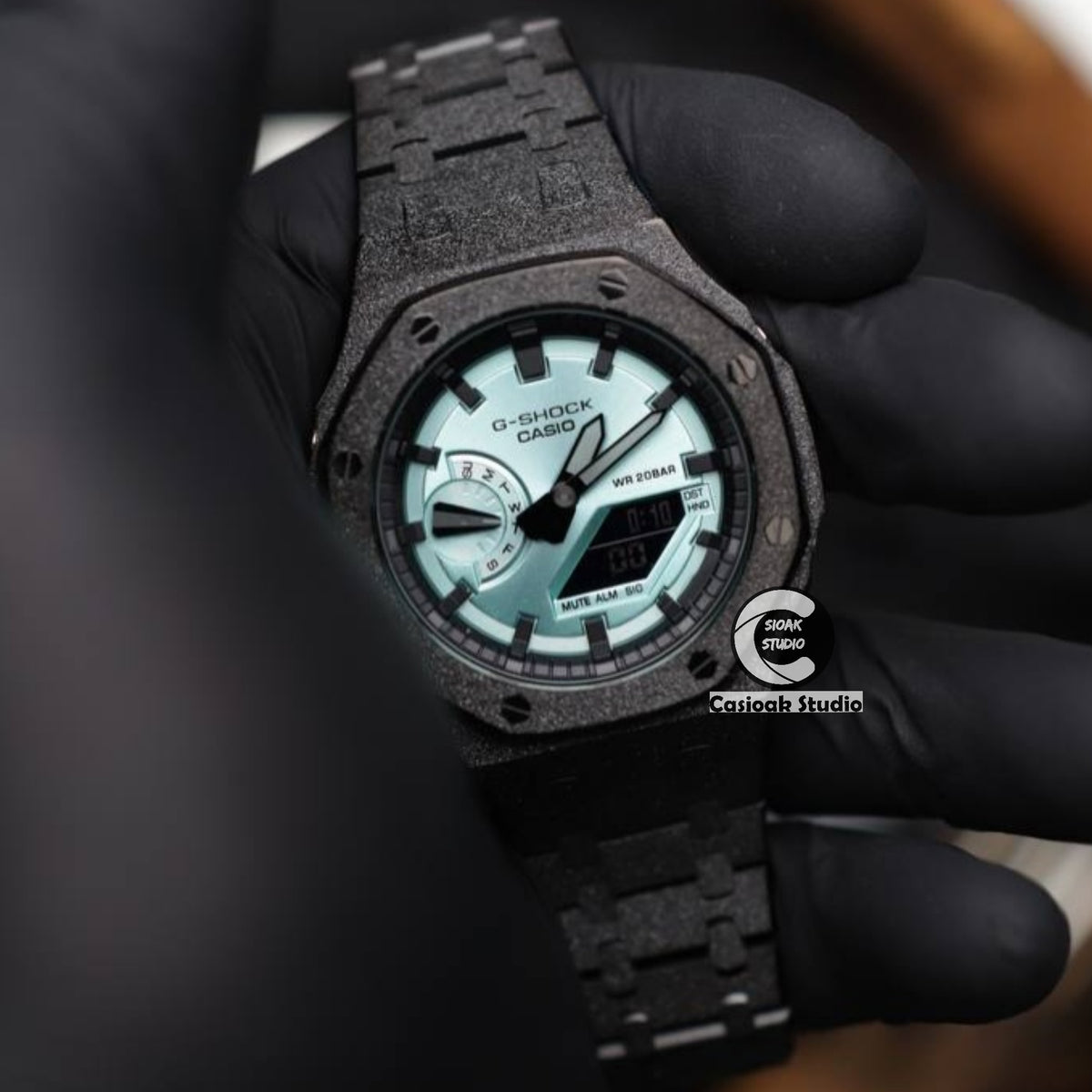 Casioak Mod Watch Frosted Black Case Metal Strap Black Time Mark Glacier Blue Dials 44mm
