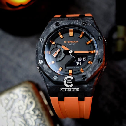Casioak Mod Carbon Fiber Offshore Superior Black Case White Strap Orange Black Time Mark Black Dials 44mm Orange Style