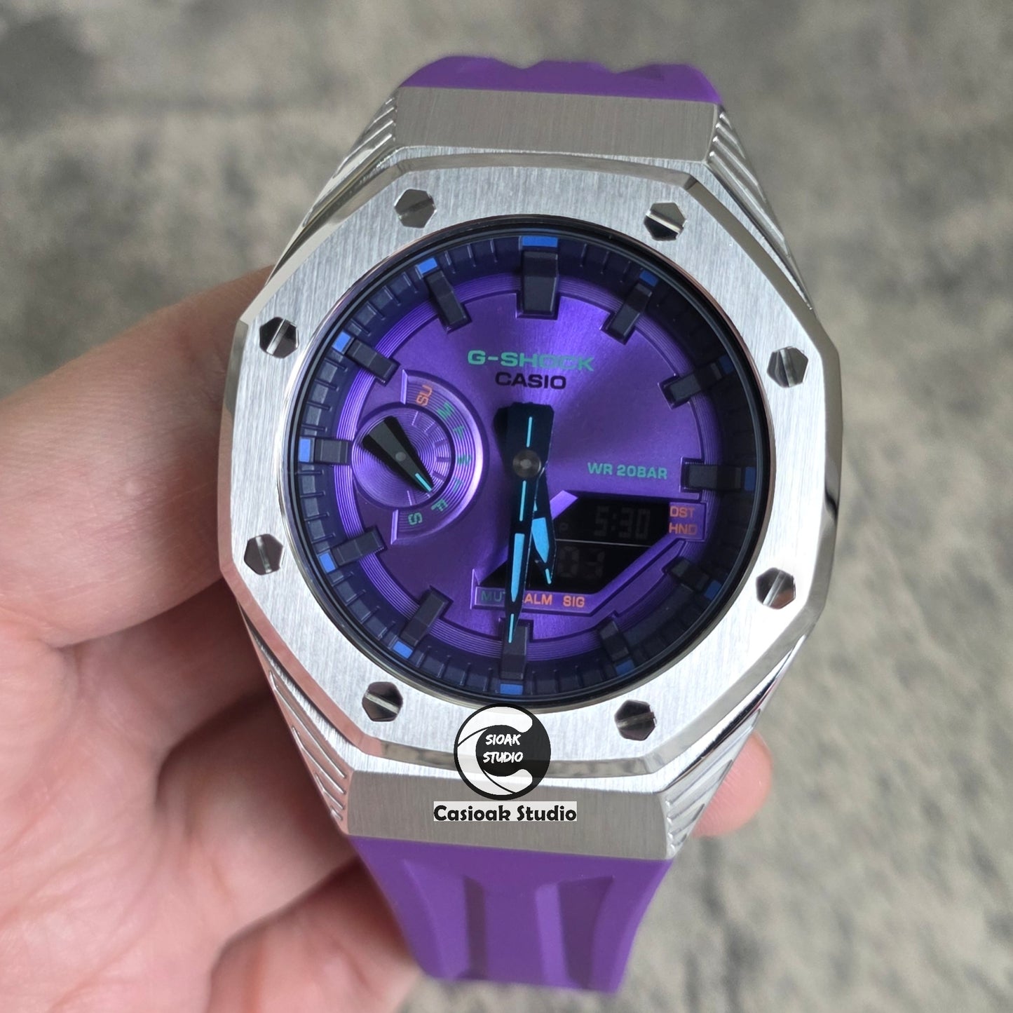 Casioak Mod Watch Black Panther Hb Silver Case Purple Strap Purple Black Time Mark Purple Dials 44mm
