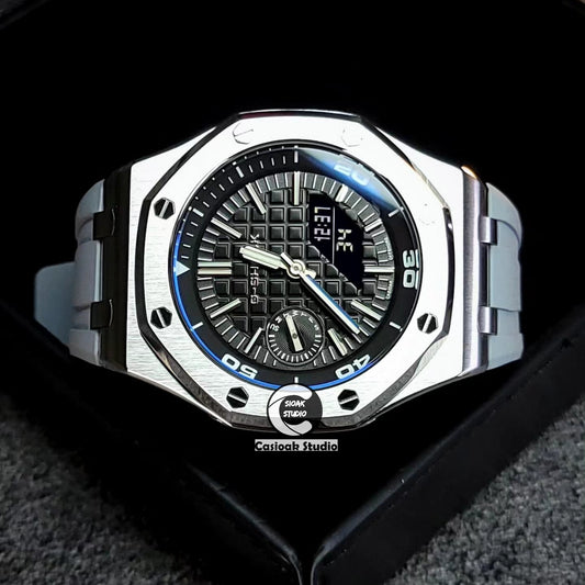 Zegarek Casioak Mod NOWY Offshore Superior Srebrna Koperta Szary Pasek Gumowy Czarny Znak Czasu Czarne Tarcze 44mm