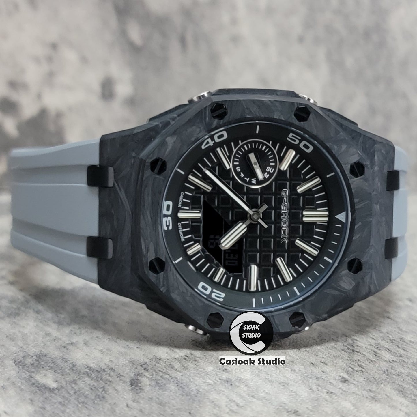 Casioak Mod Watch NEW Carbon Fiber Offshore Superior Black Case Gray Strap Black Silver Time Mark Black Dial 44mm