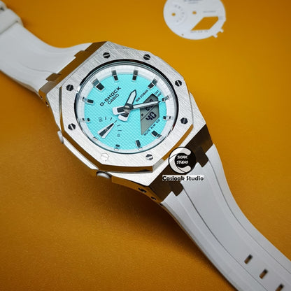 Casioak Mod Watch Silver Case White Rubber Strap White Silver Time Mark Tiff Blue Dials 42mm