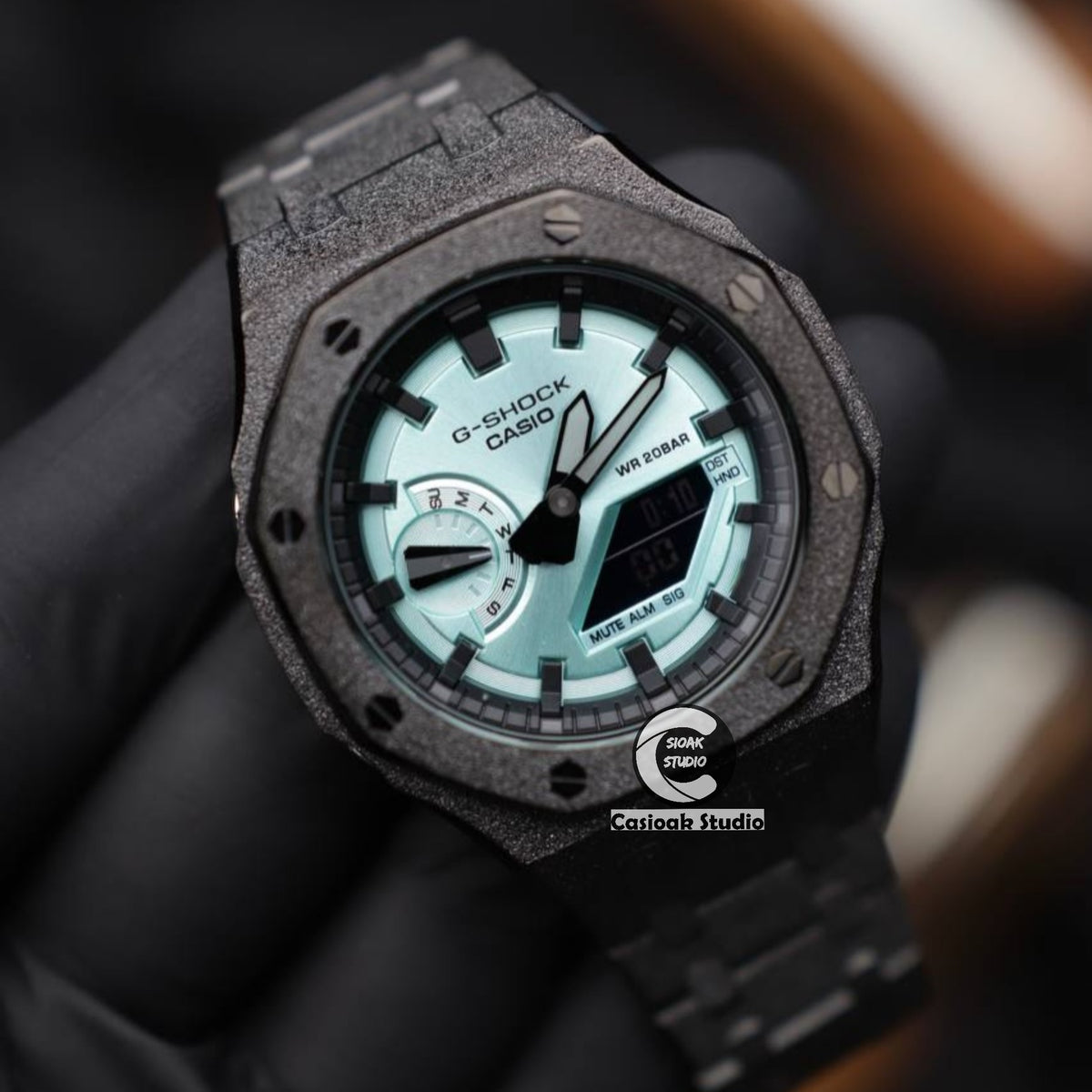 Casioak Mod Watch Frosted Black Case Metal Strap Black Time Mark Glacier Blue Dials 44mm