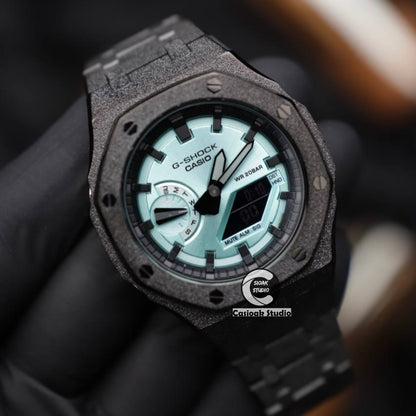 Casioak Mod Watch Frosted Black Case Metal Strap Black Time Mark Glacier Blue Dials 44mm