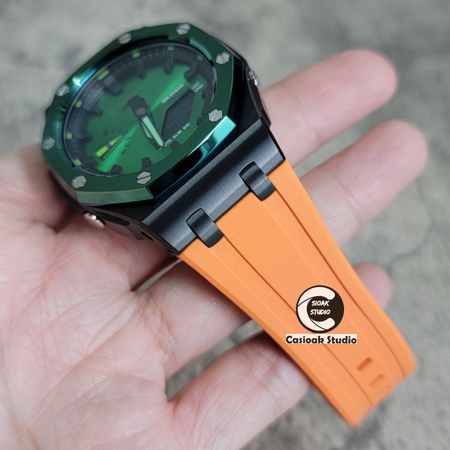 Casioak Mod Watch Offshore Superior Green Black Case Orange Rubber Strap Black Time Mark Green Dial 44mm - Casioak Studio