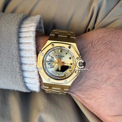 Casioak Mod Watch Gold Case Metal Strap Gold Time Mark Gold Dials 44mm