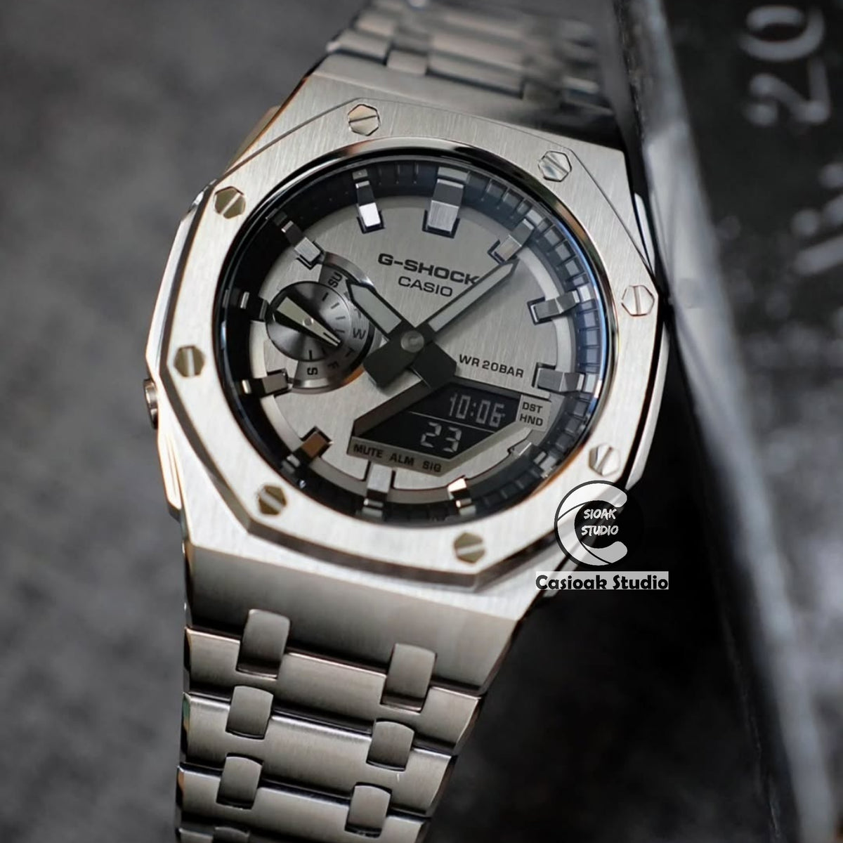 Casioak Mod Watch Offshore Superior Silver Case Metal Strap Black Gray Time Mark Gray Dials 44mm Gm2100