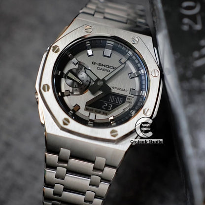 Casioak Mod Watch Offshore Superior Silver Case Metal Strap Black Gray Time Mark Gray Dials 44mm Gm2100