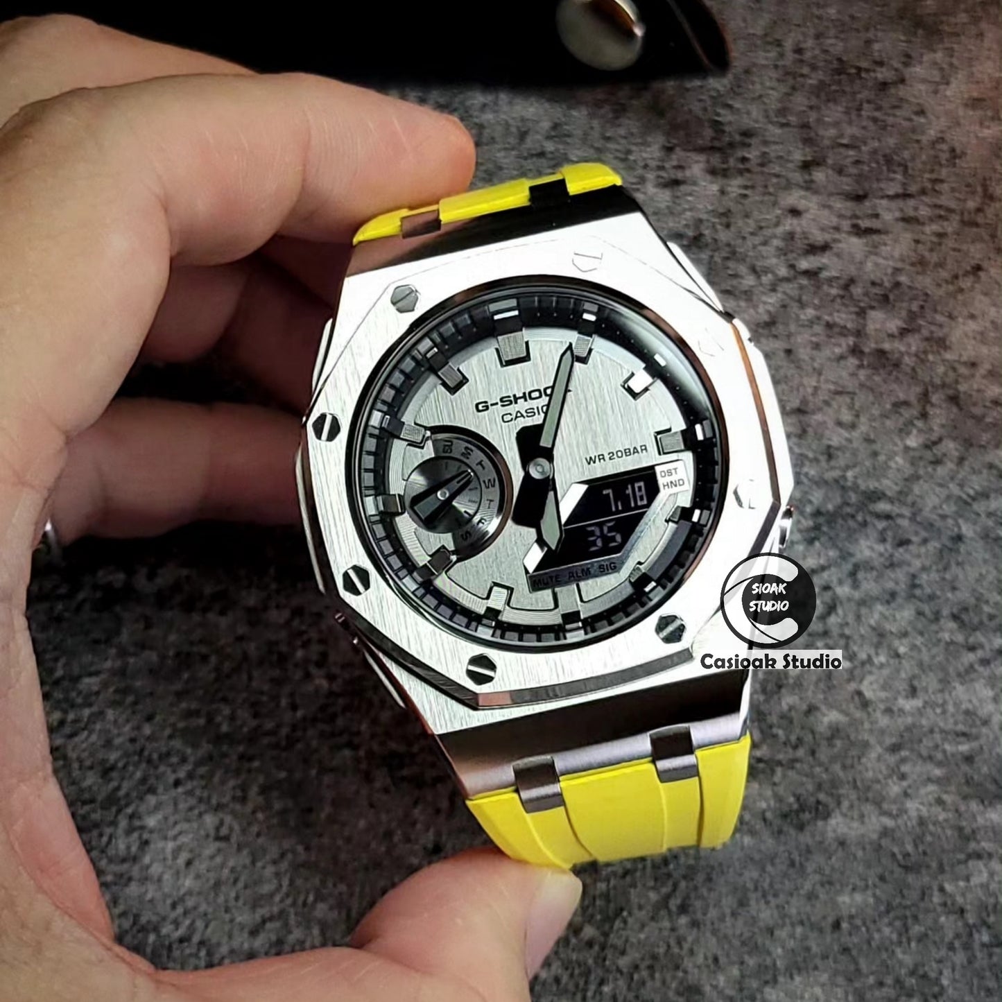 Casioak Mod Watch Offshore Superior Silver Case Yellow Rubber Strap Silver Time Mark Gray Dials 44mm