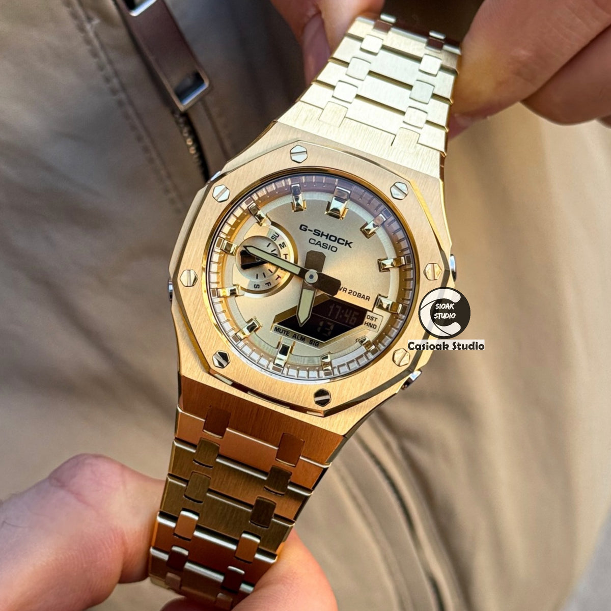 Casioak Mod Watch Gold Case Metal Strap Gold Time Mark Gold Dials 44mm